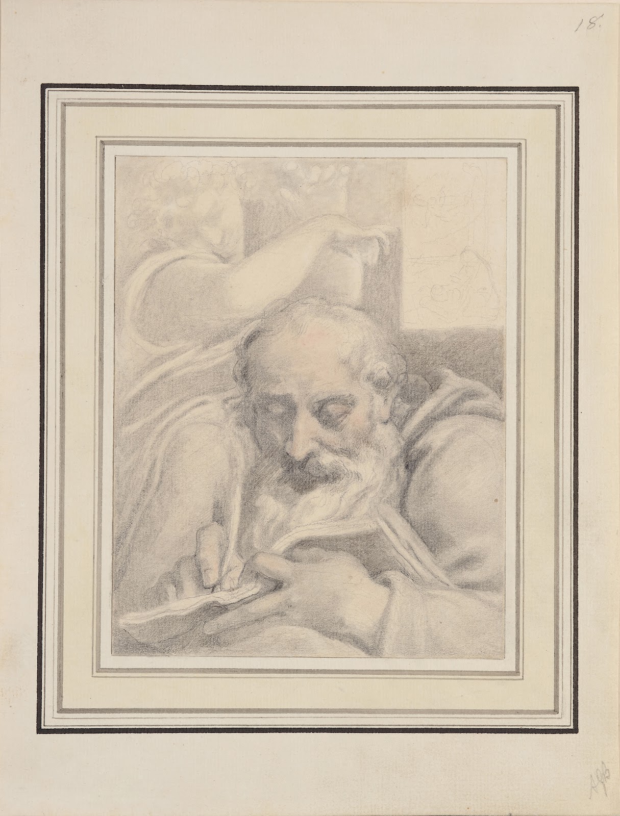 A drawing of a half-length seated elderly saint, possibly Matthew the Apostle, visited by an Angel